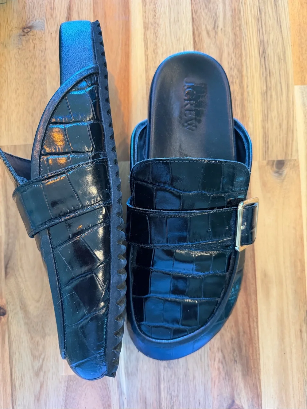 J.Crew Croc Embossed Leather Buckle Clogs Black Slide Sandals Size 10